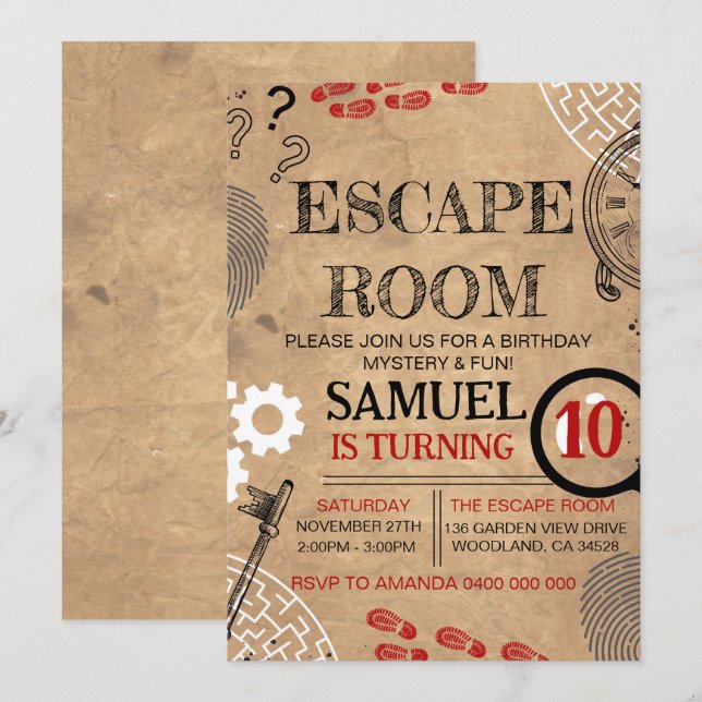 Vintage Escape Room My Födelsedagsfest Inbjudningar (Fram/baksida)