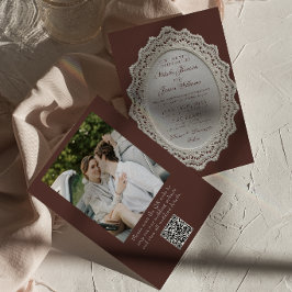 Vintage Espresso Spetsduk QR-kod Foto Bröllop Inbjudningar