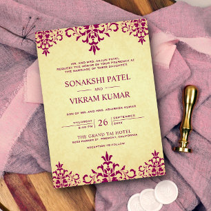 Vintage Etnisk Rosa Damask India Bröllop Inbjudningar