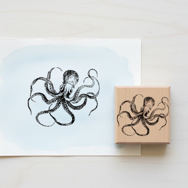 Vintage etsad bläckfisk Träkonststämpel Stämpel (Etched vintage octopus wooden art stamp. )