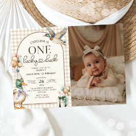 Vintage ett Lucky Anka-batong 1:a födelsedagsfoto Inbjudningar