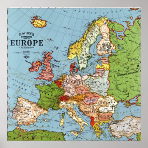 Vintage Europa 1900-talskarta Poster