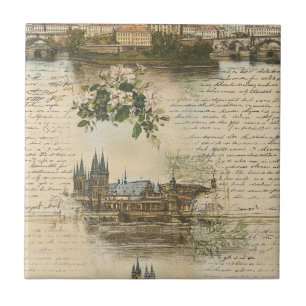 Vintage European River Scene - Handskrivet skript Kakelplatta