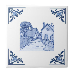 Vintage European Village Home Delft Blue & White Kakelplatta