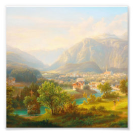 Vintage europeisk alpin by flod oljemålning fototryck