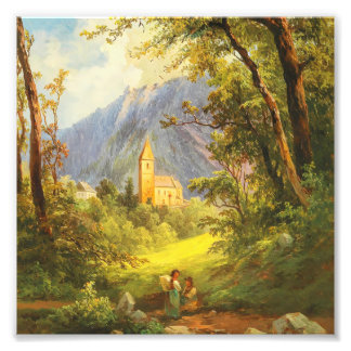 Vintage europeisk bergskyrka oljemålning fototryck