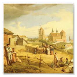 Vintage europeisk by skördefest antikt måleri fototryck