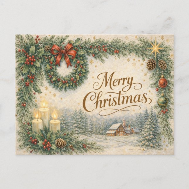 Vintage Evergreen Wreath Merry Christmas  Helg Vykort (Framsida)
