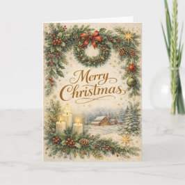 Vintage Evergreen Wreath Merry Christmas  Helgkort