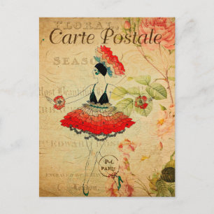 Vintage Exotic Woman Ballet Dancer Blommigt Fransk Vykort