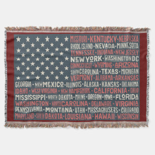 Vintage Faded American Flagga State Namn Ord Art Filt