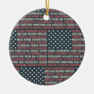 Vintage Faded American Flagga State Namn Ord Art Julgransprydnad Keramik