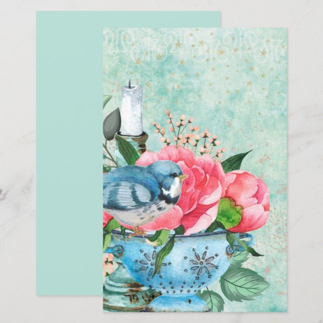 Vintage fågel akvarell decoupage scrapbookpapper (Fram/baksida)