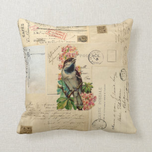 Vintage Fågel Blommor Franska vykort Kudde