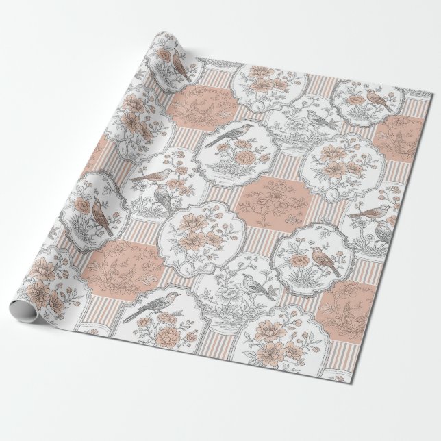 Vintage Fågel Blossom Toile Rand (3) Presentpapper (Utrullad)