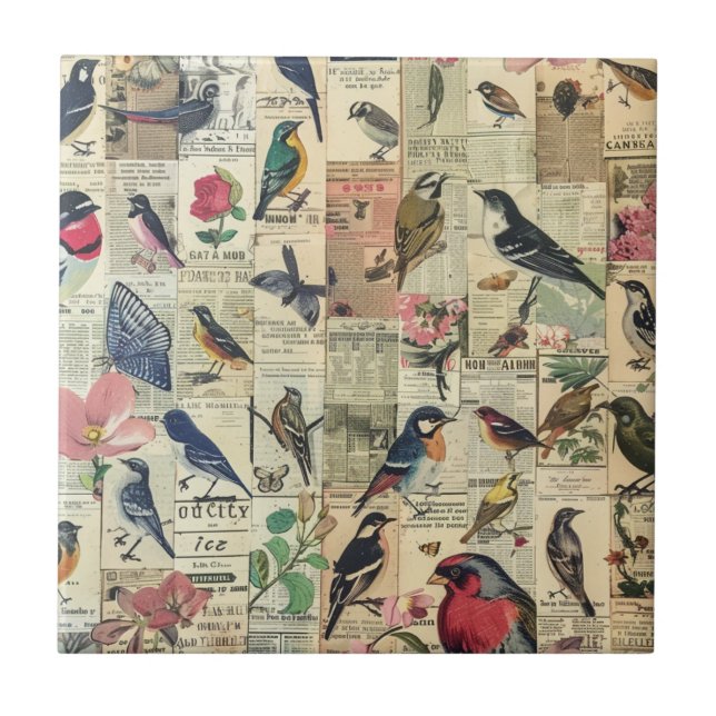 Vintage Fågel Fjäril Tidning Botanisk Kakelplatta (Framsidan)