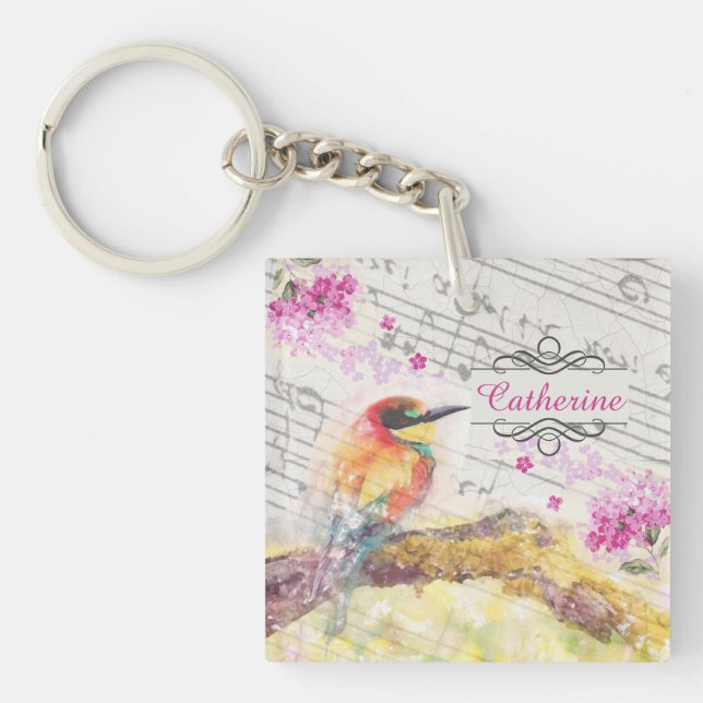 Vintage fågel på träd rosa blommor (Framsidan)