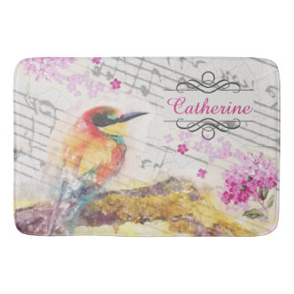 Vintage fågel på träd rosa blommor badrumsmatta