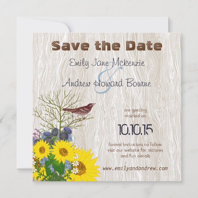 Vintage Fågel på Trästruktur Bröllop Spara Datum Datumet (Framsida)