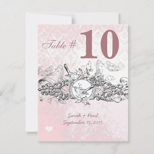 Vintage Fågel Rosa Musikalisk Rull Bröllopsbord Nr Inbjudningar (Framsida)