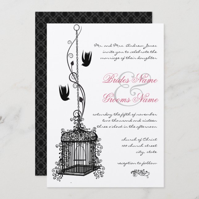 Vintage Fågelbur Röda Accenter Bröllopsinbjudninga Inbjudningar (Fram/baksida)