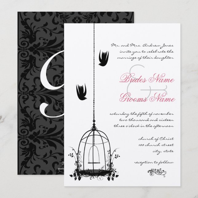 Vintage Fågelrött-dekorationer Skopbröllop Inbjudningar (Fram/baksida)