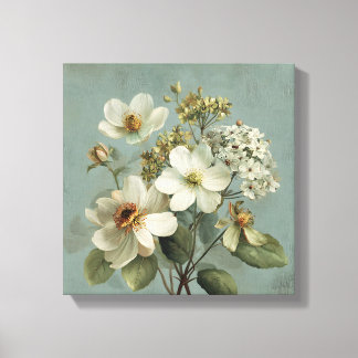 Vintage Fåglar & Blommor Blå Canvastryck