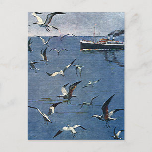 Vintage Fåglar Djur, Måsar och Fiskebåtar Vykort