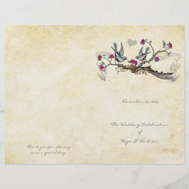 Vintage Fåglar Fuchsia & Grått-Bröllopsprogram (Framsida)