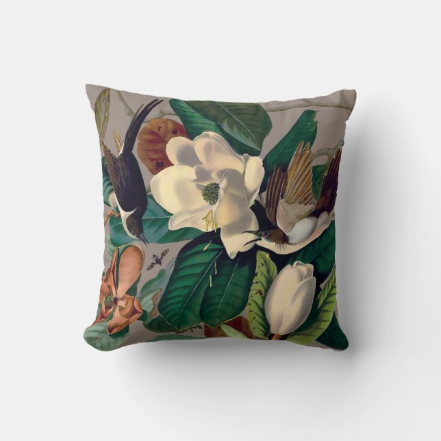 Vintage Fåglar med Magnolia Dekorativ kudde (Framsida)