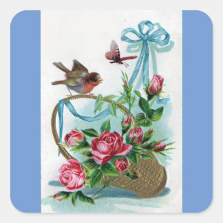 Vintage fåglar och blommor fyrkantigt klistermärke