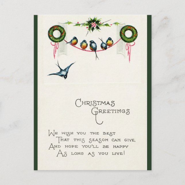 Vintage Fåglar på en Ribbon-jul Vykort (Framsida)