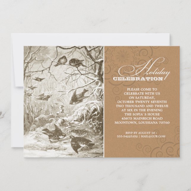 vintage fåglar ritar semesterfirande inbjudningar (Framsida)