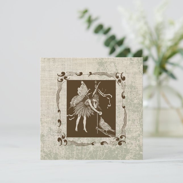 Vintage Fairy & Bird Flat Greeting Card (Stående Fram)