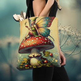Vintage Fairy på en Retro Mushroom Fairytale Tygkasse
