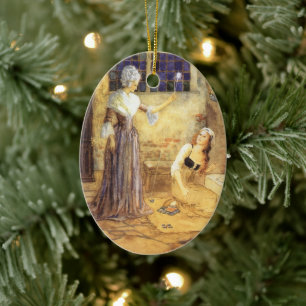 Vintage Fairy Tale Cinderella med Fairy Godmor Julgransprydnad Keramik