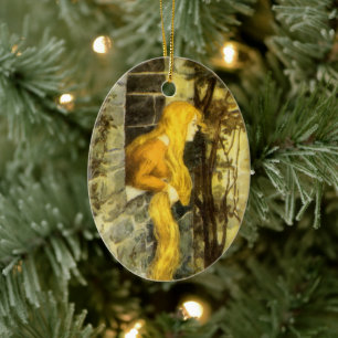 Vintage Fairy Tale, Rapunzel med lång luthår Julgransprydnad Keramik