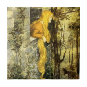 Vintage Fairy Tale, Rapunzel med lång luthår Kakelplatta