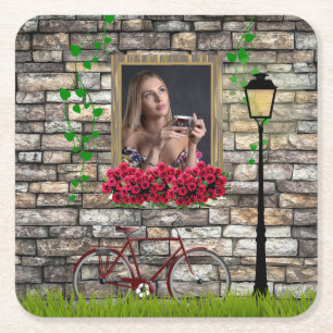 Vintage Fairytale Bicycle Ro Girly Photo Ram Underlägg Papper Kvadrat
