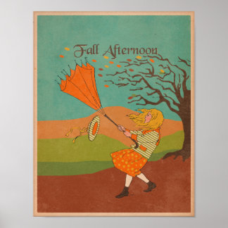 Vintage Fall Autumn Vind Girl with Parbrella Poster