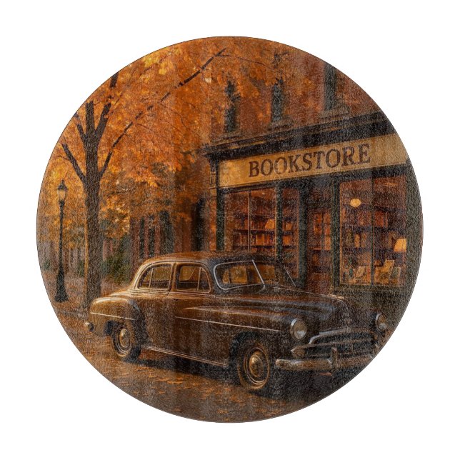Vintage - fallande/höstbokbutik och bil (Framsidan)
