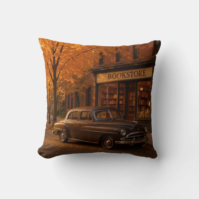 Vintage - fallande/höstbokbutik och bil kudde (Framsida)