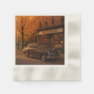 Vintage - fallande/höstbokbutik och bil pappersservett