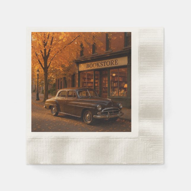 Vintage - fallande/höstbokbutik och bil pappersservett (Framsidan)