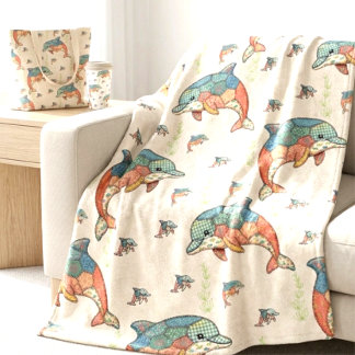 Vintage Fals Quiltad Lappteknik Delfindesign Fleecefilt