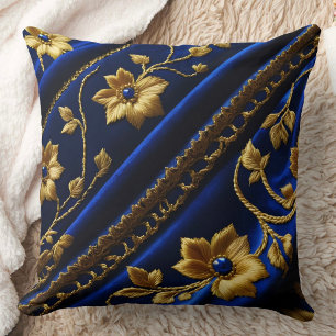 Vintage falska Broderier Blå Guld Blommor Kudde