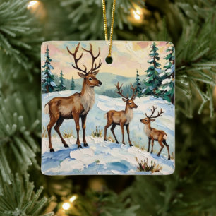 Vintage familj av renar Vinterängsmålning Julgransprydnad Keramik