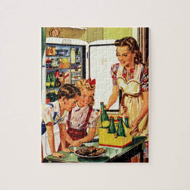 Vintage familj i köket Mamma Pappa Barn Snack Pussel (Vertikal)