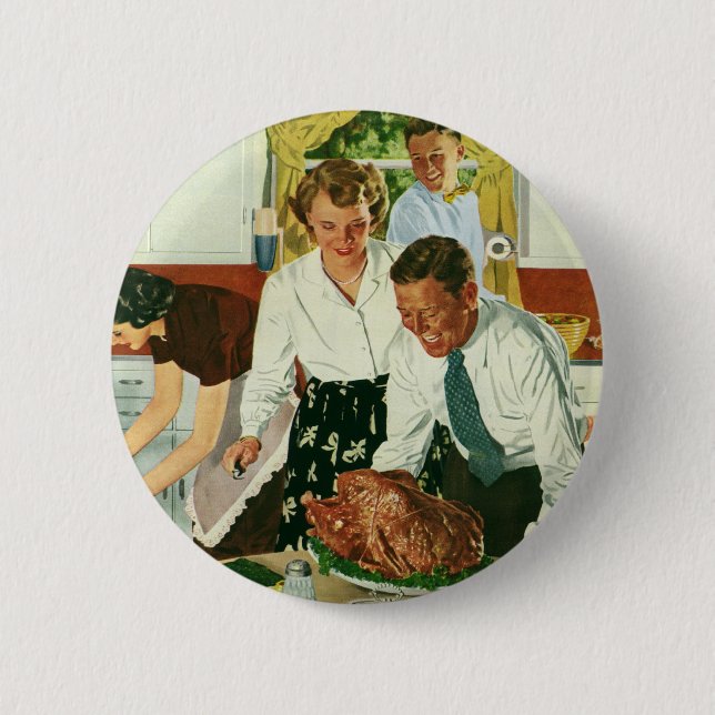 Vintage Familj Matlagning Thanksgiving Middag Kök Knapp (Framsida)