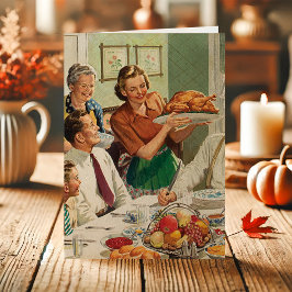 Vintage Familj Serverar Turkiet Middag Thanksgivin Helgkort